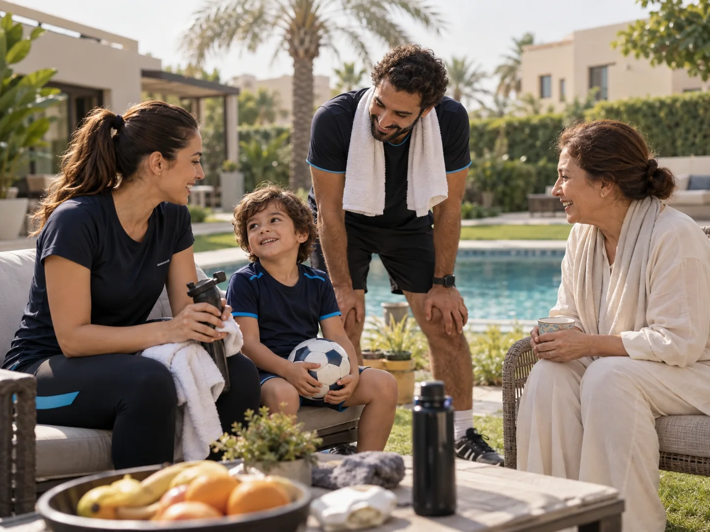 A family enjoying time together in the garden of their Dubai home