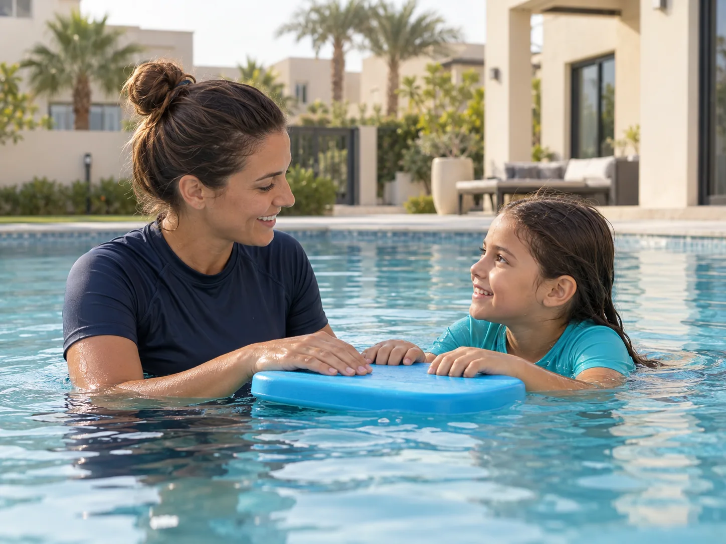 A female coach giving a child her full attention during a private swimming lesson