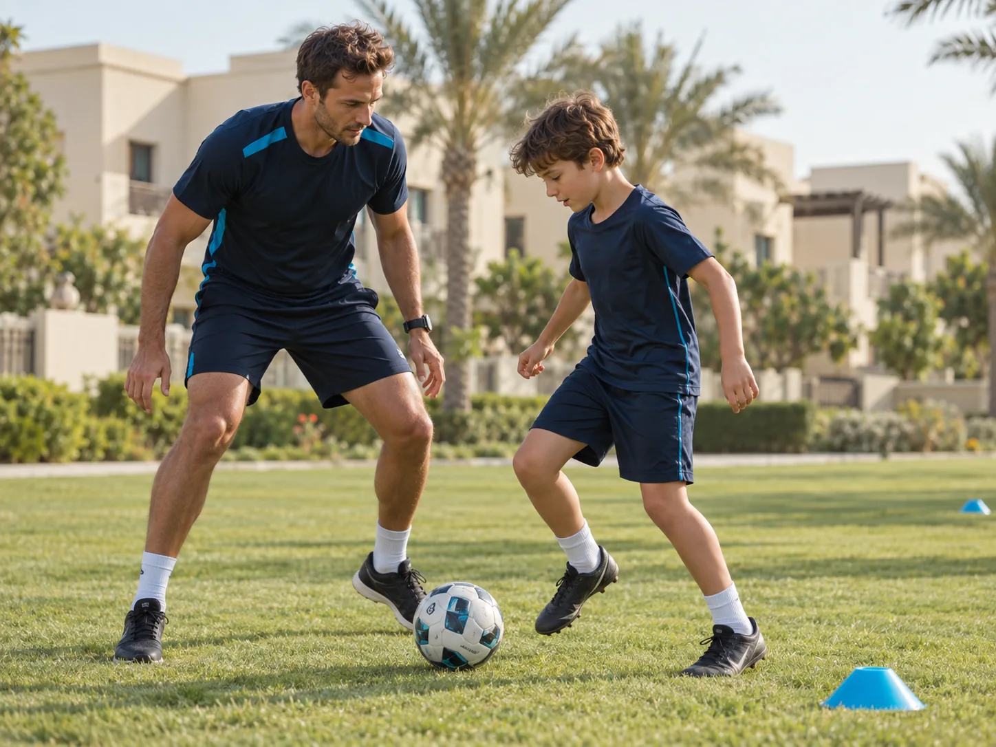 A football coach guiding a child through close-control practice on a community pitch