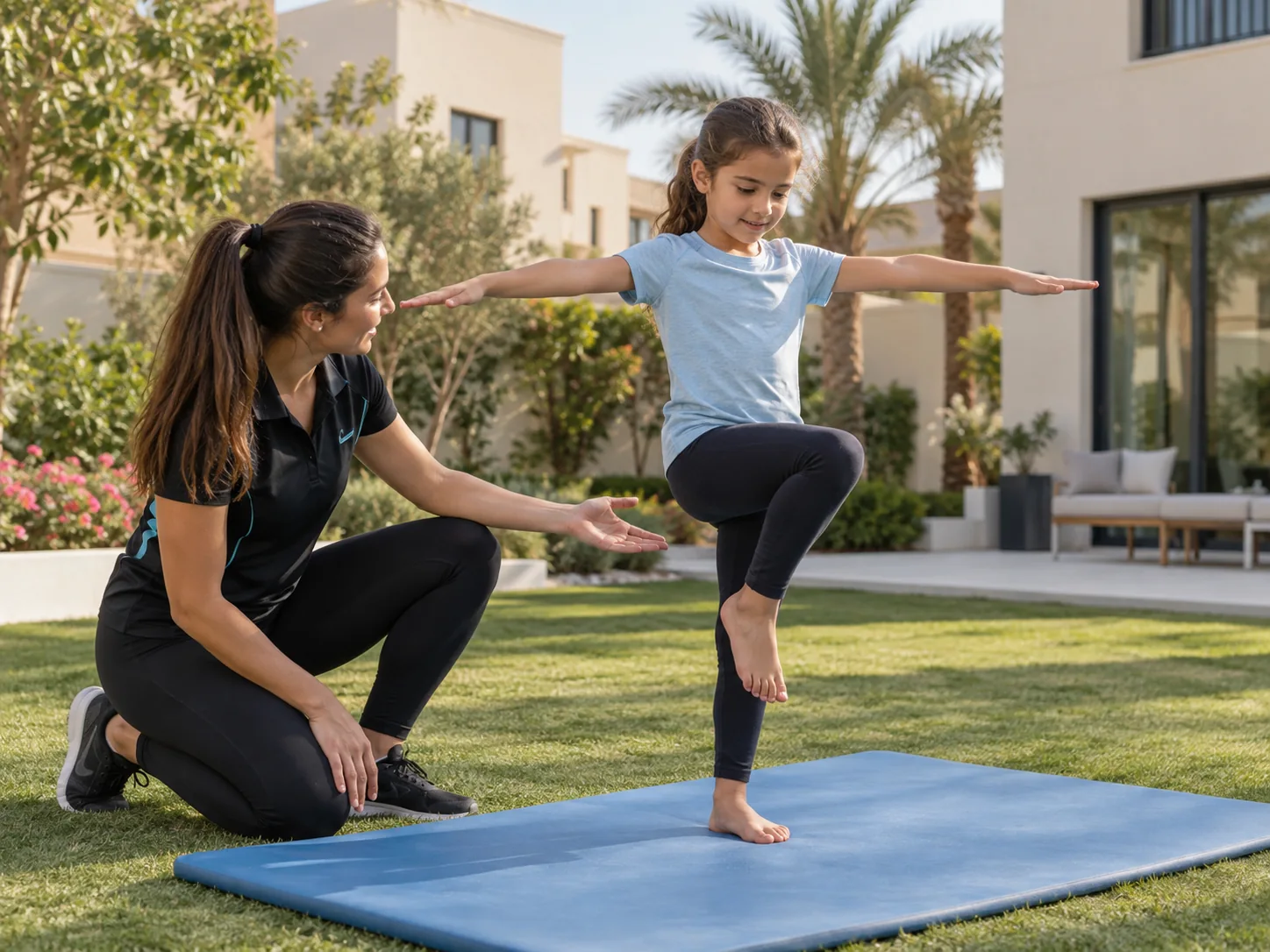 A child practising a controlled balance movement on a mat with a coach in a villa garden