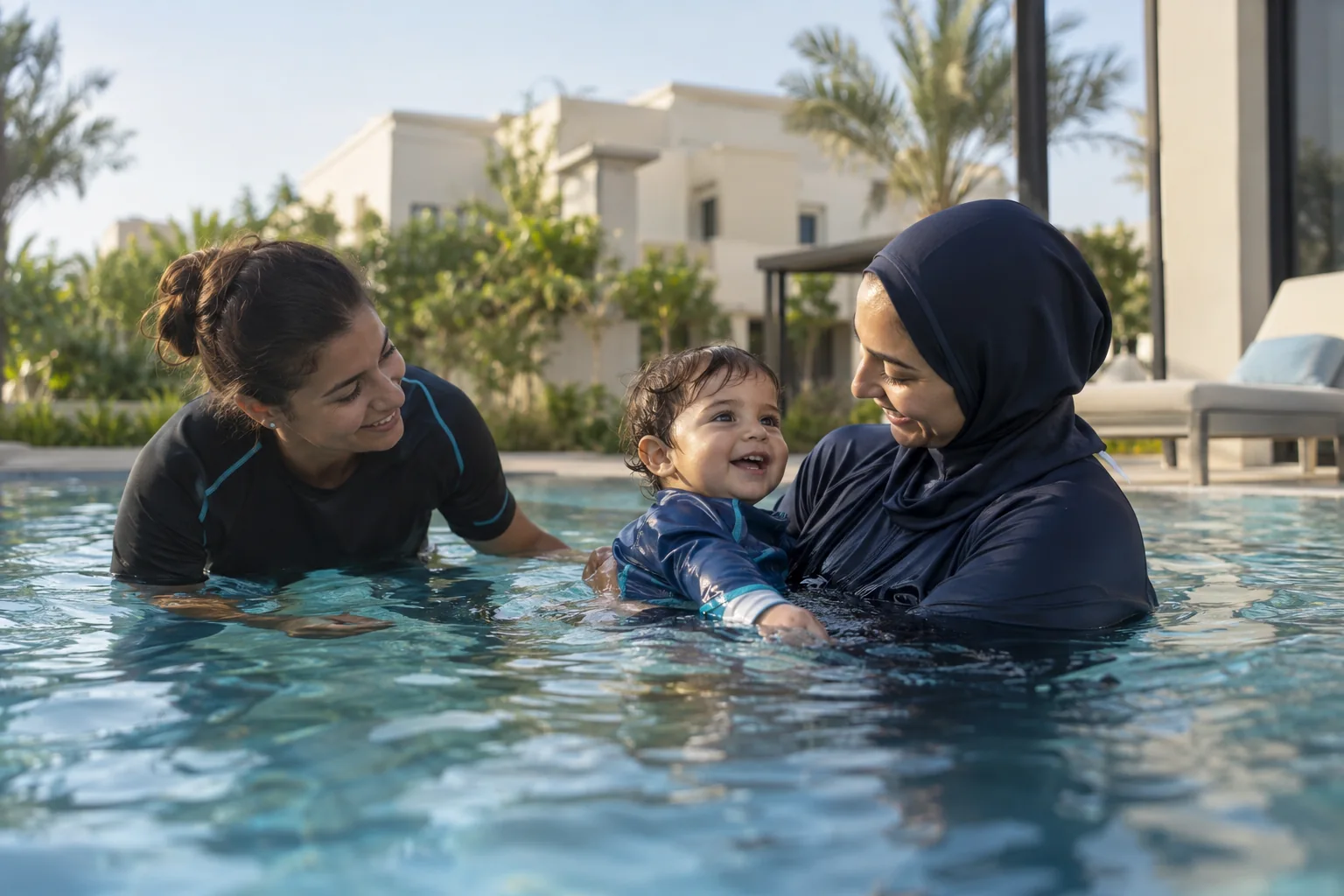A parent holding their baby in a villa pool during a gentle coached water session