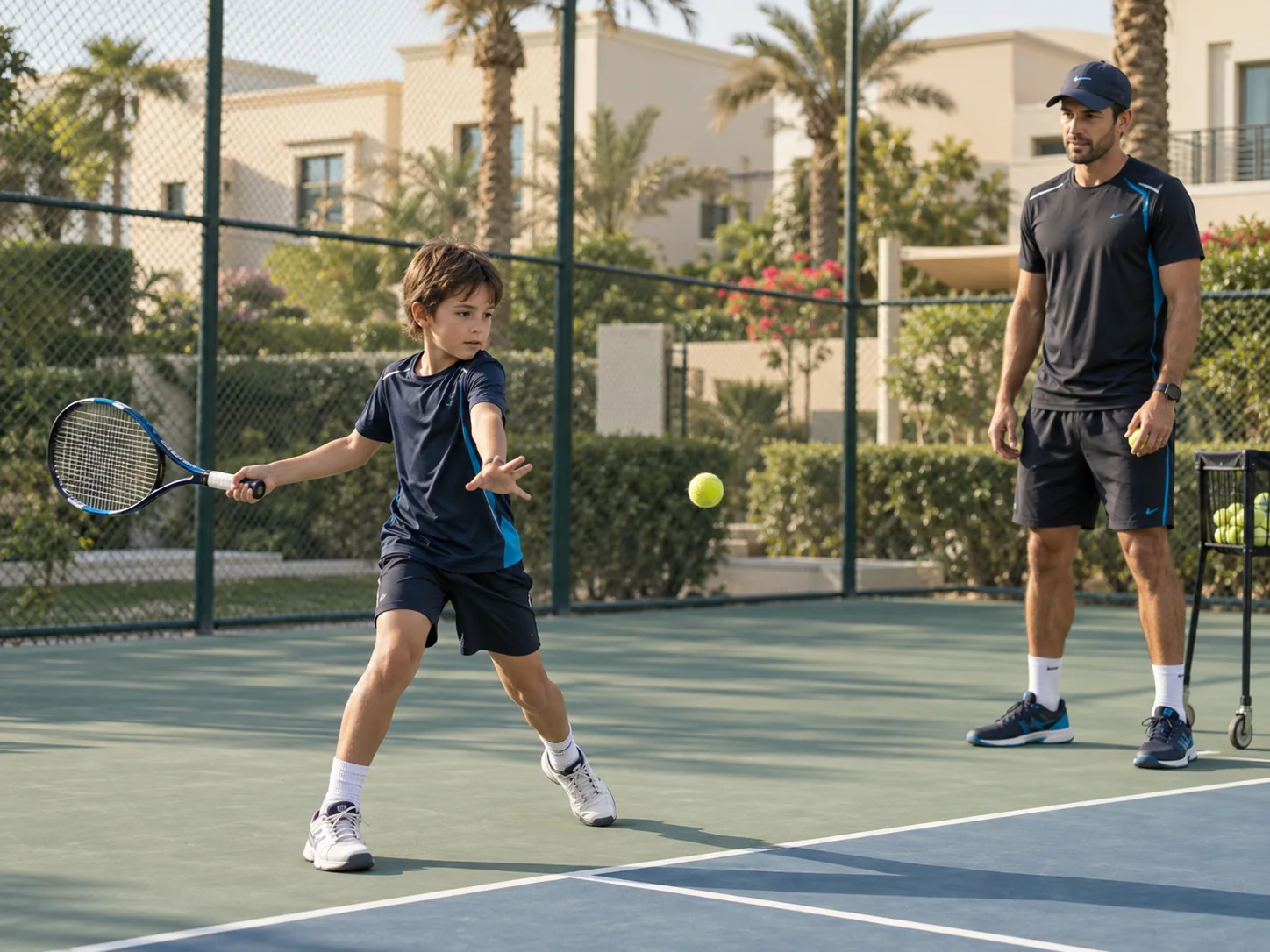 A tennis coach working one-to-one with a child at a residential tennis court